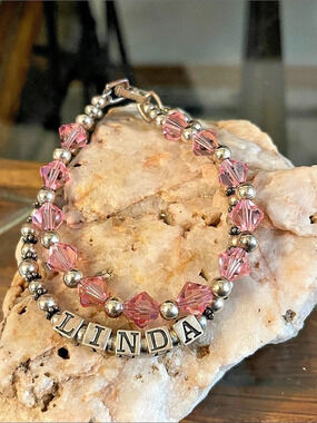 Sterling Silver Pink Crystal Beaded Name Bracelet